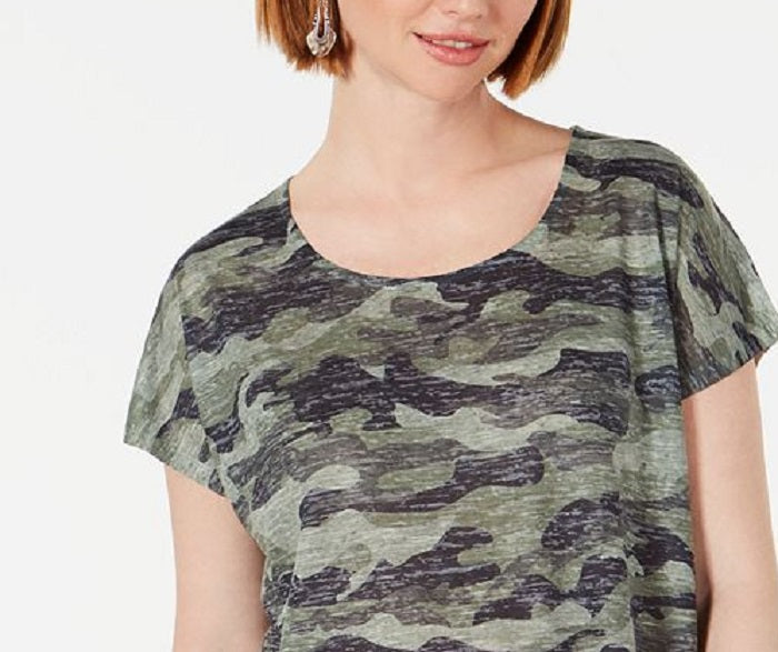 Style & Co Women's Camo Print Scoop Neck Top Green Size Small