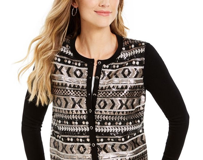 Charter Club Women's Sequined Fair Isle Cardigan Black Size Medium