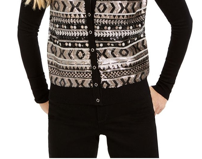 Charter Club Women's Sequined Fair Isle Cardigan Black Size Medium
