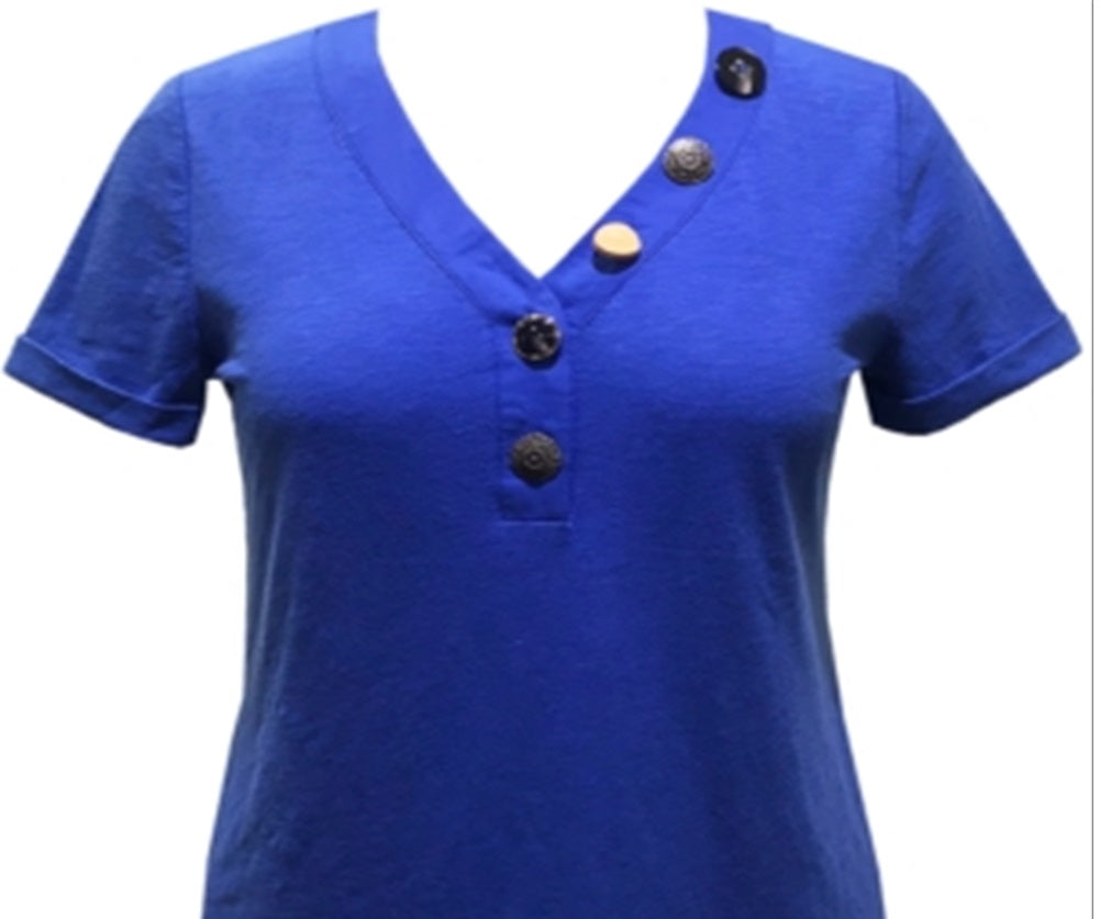 JM Collection Women's Mixed Button Top Blue Size Medium