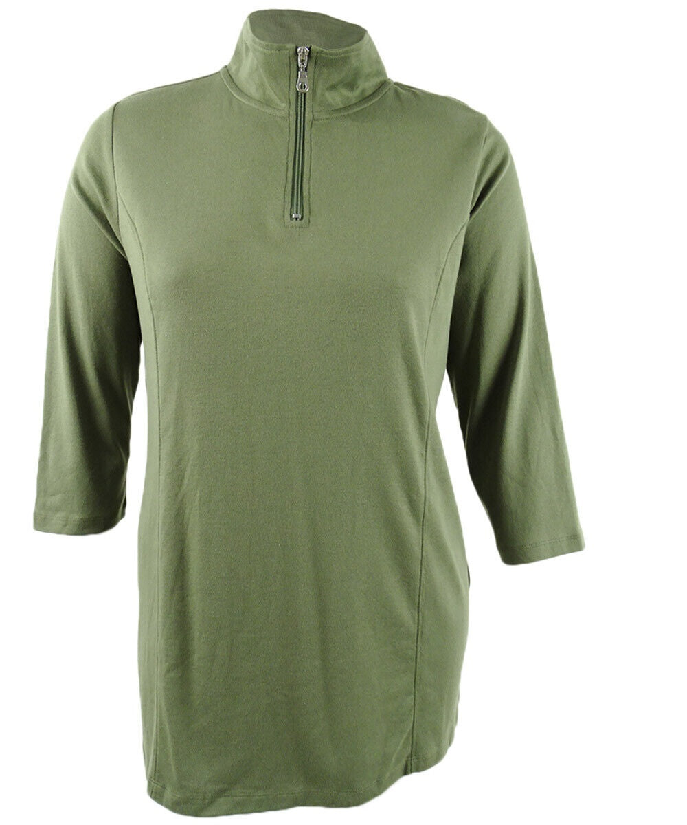 Karen Scott Women's Cotton Half-Zip Mock-Neck Top  Olive Sprig Green Size XL