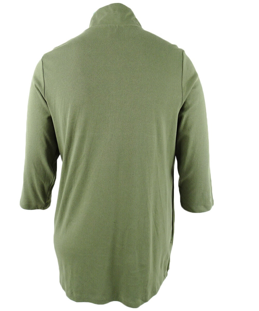 Karen Scott Women's Cotton Half-Zip Mock-Neck Top  Olive Sprig Green Size XL