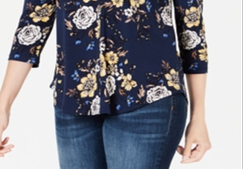 Charter Club Women's Floral-Print V-Neck Top Blue Size Medium