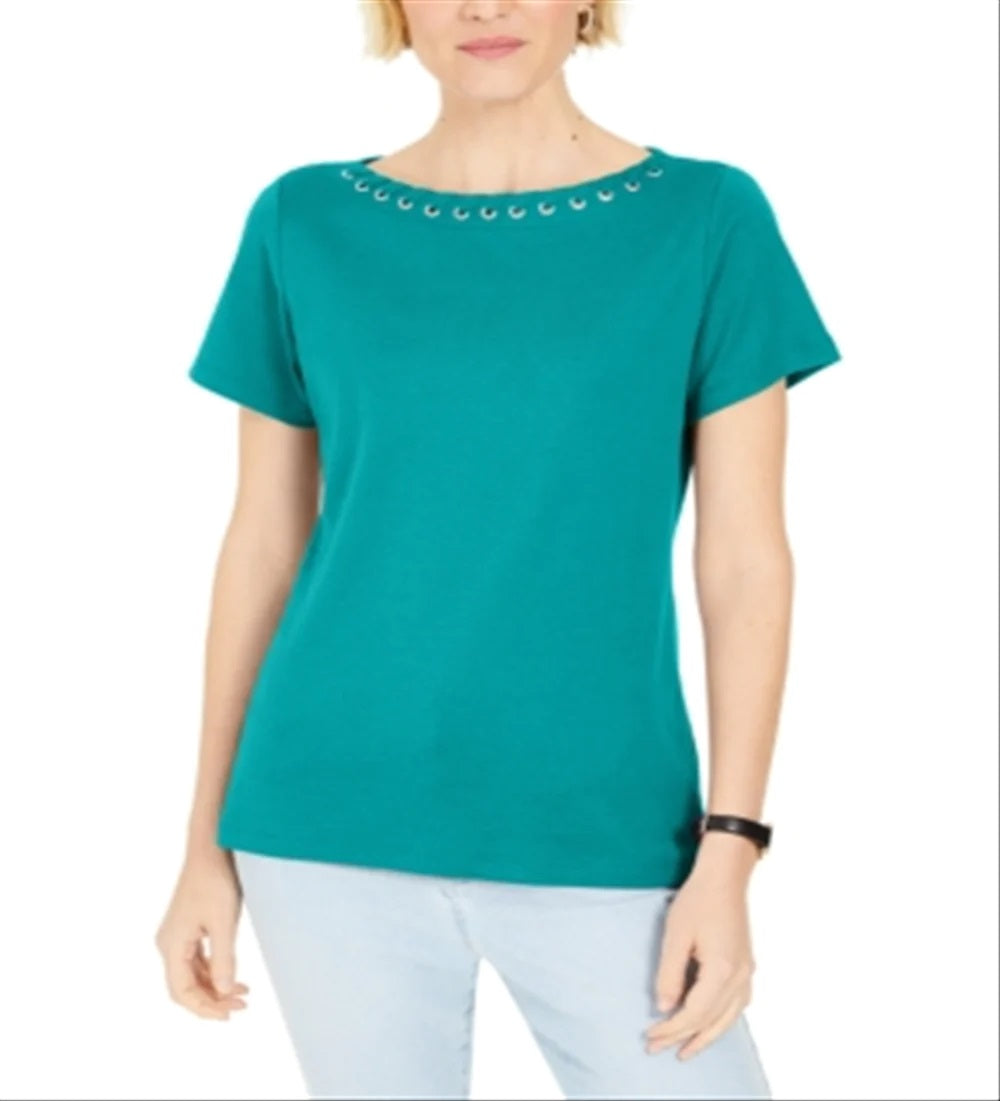 Karen Scott Women's Grommet-Trim Top  Crisp Teal  Size XL