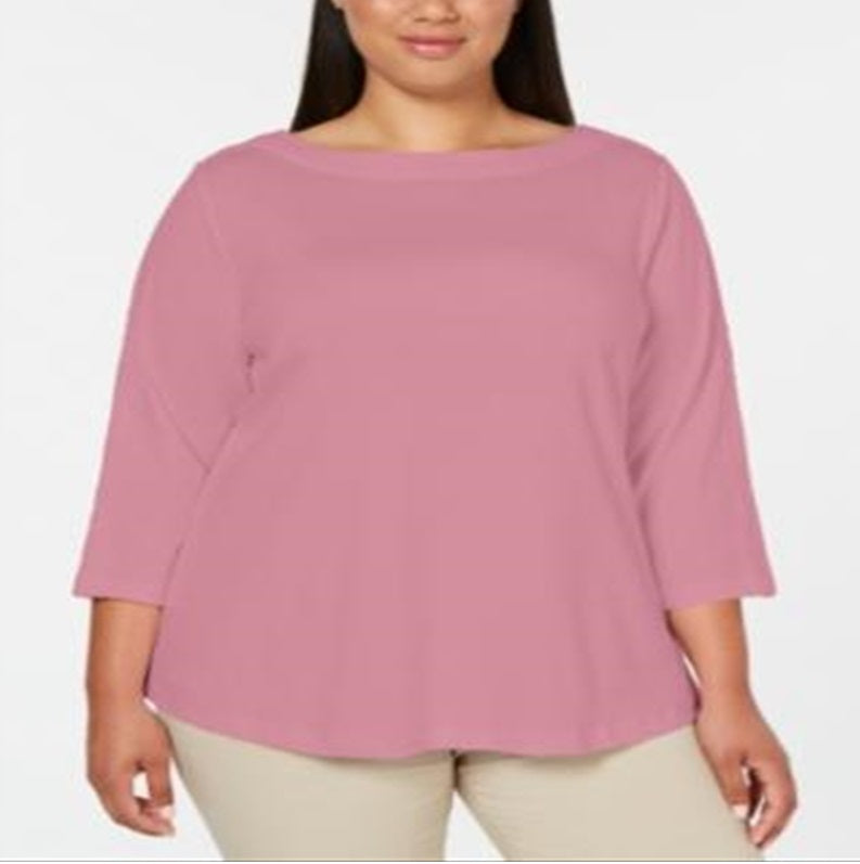 Karen Scott Women's Cotton Plus Lace Trim Top Pink Size 0X