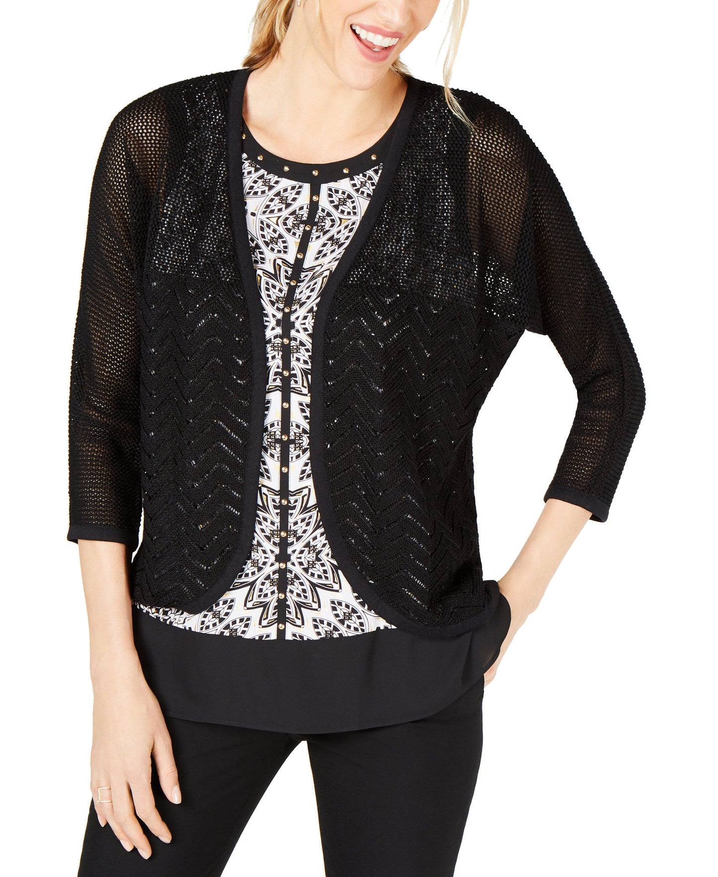 JM Collection Women's Cotton Mixed-Stitch Cardigan  Deep Black  Size XL
