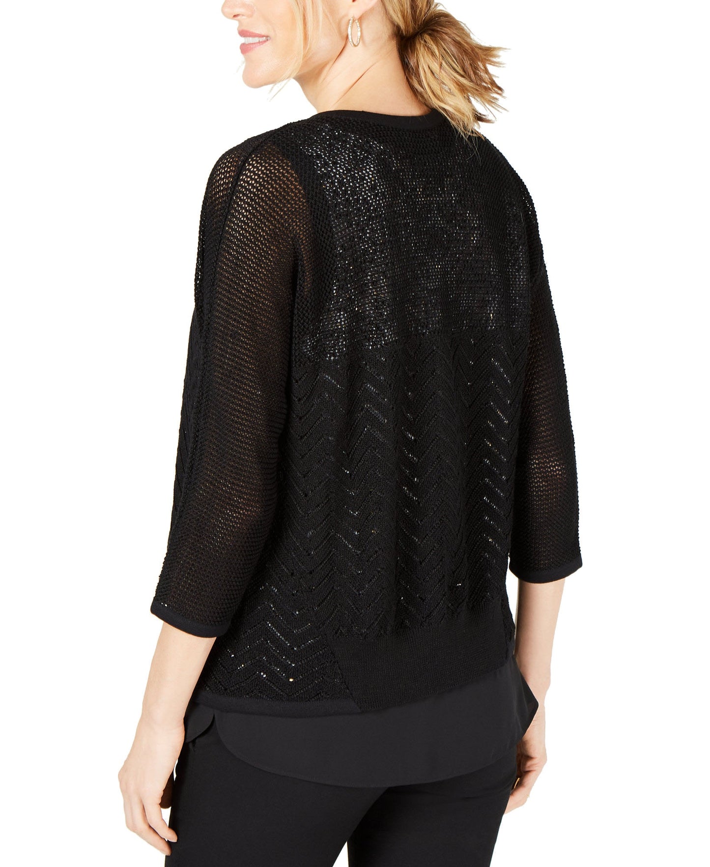 JM Collection Women's Cotton Mixed-Stitch Cardigan  Deep Black  Size XL