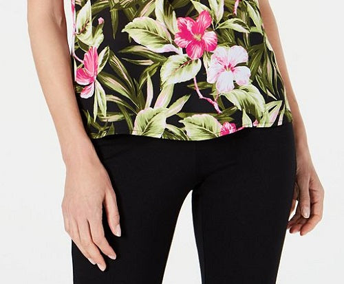 Kasper Women's Perfection Multi Sleeveless Tropical Pleat Neck Blouse Pink Size Large