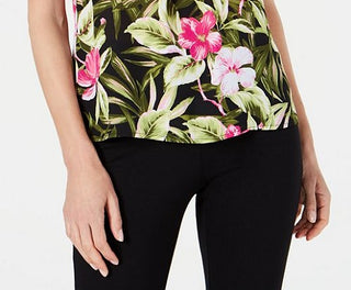 Kasper Women's Perfection Multi Sleeveless Tropical Pleat Neck Blouse Pink Size Large