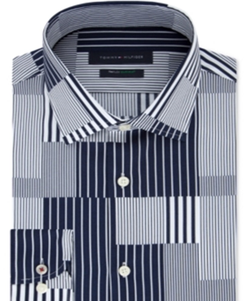 Tommy Hilfiger Men's Slim Fit Th Flex Non Iron Supima Stretch Patchwork Dress Shirt Blue Size 34X35