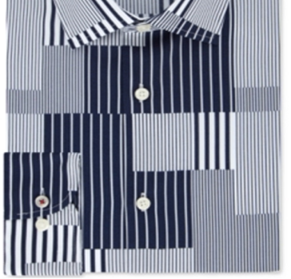 Tommy Hilfiger Men's Slim Fit Th Flex Non Iron Supima Stretch Patchwork Dress Shirt Blue Size 34X35