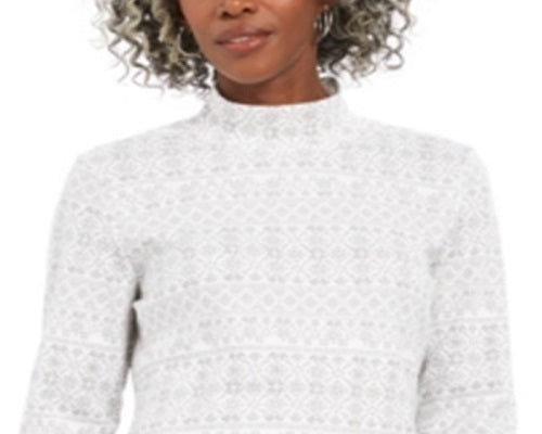 Karen Scott Women's Fair Isle Printed Mock Neck Top White Size Petite Small
