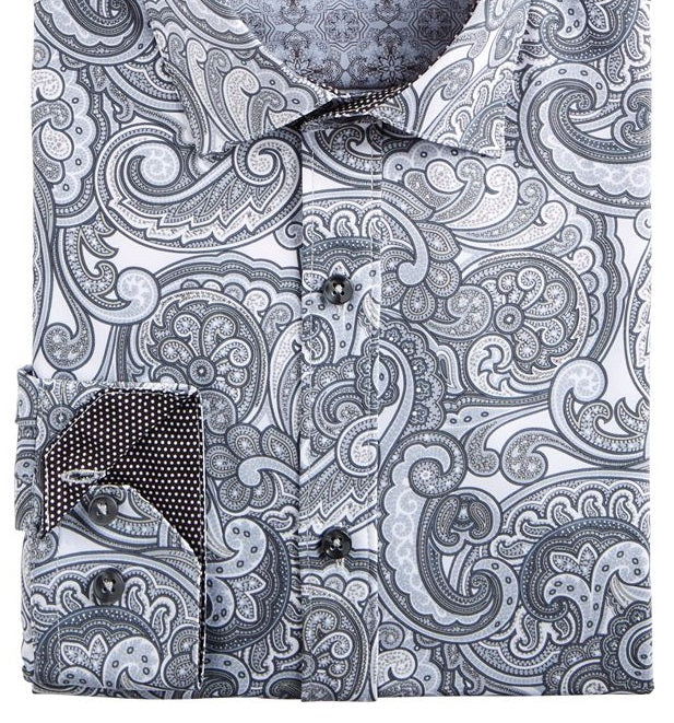 Tallia Men's Slim Fit Performance Stretch Paisley Dress Shirt Gray Size 16.5x32-33
