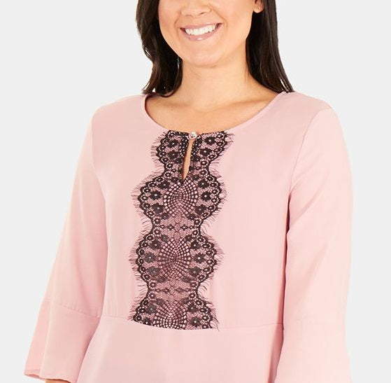 NY Collection Women's 3/4 Sleeve Peplum Top with Trim Pink Size Small