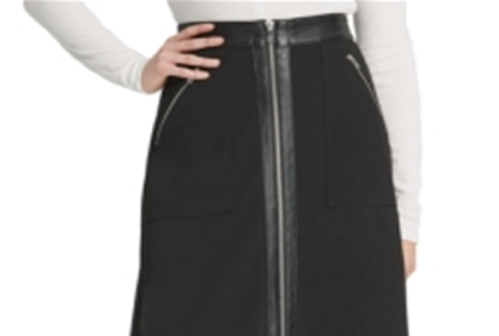 DKNY Women's Skirt Faux Leather Trim MIDI Black Size 2