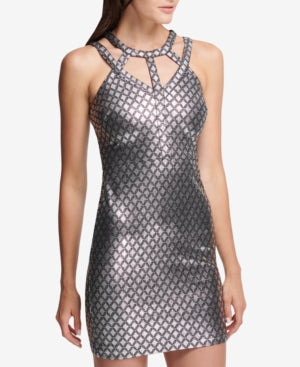 Guess Women's Silver Cage Neckline Metallic Sleeveless Short Cocktail Body Con Dress All Silver Size 14