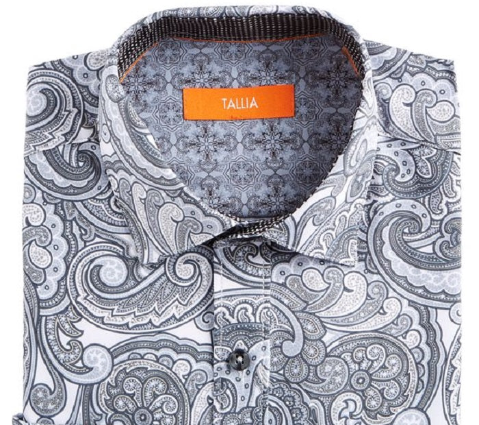 Tallia Men's Slim Fit Performance Stretch Paisley Dress Shirt Gray Size M