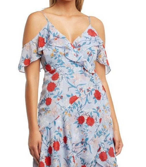 Bardot Women's Cold Shoulder Floral Short Sleeve V Neck Tea Length Hi Lo Dress Blue Size X-Small