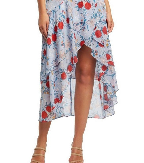 Bardot Women's Cold Shoulder Floral Short Sleeve V Neck Tea Length Hi Lo Dress Blue Size X-Small