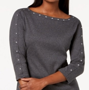 Karen Scott Women's Cotton Keyhole Stud Top Gray Size S
