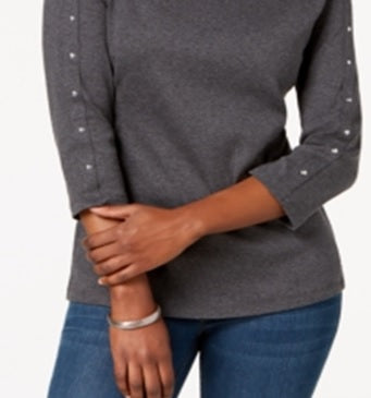 Karen Scott Women's Cotton Keyhole Stud Top Gray Size S