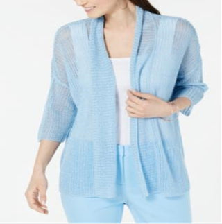 Alfani Women's Linen Blend Open Stitch Kimono Sweater Blue Size X-Small