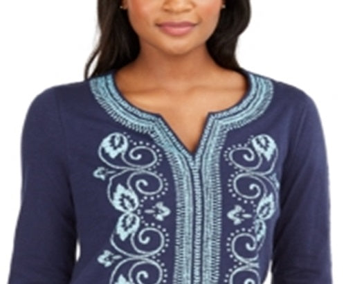 Charter Club Women's Cotton Embroidered Split Neck Tunic Blue Size XX-Large