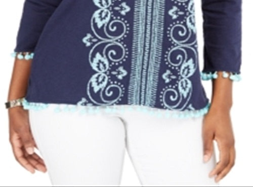 Charter Club Women's Cotton Embroidered Split Neck Tunic Blue Size XX-Large