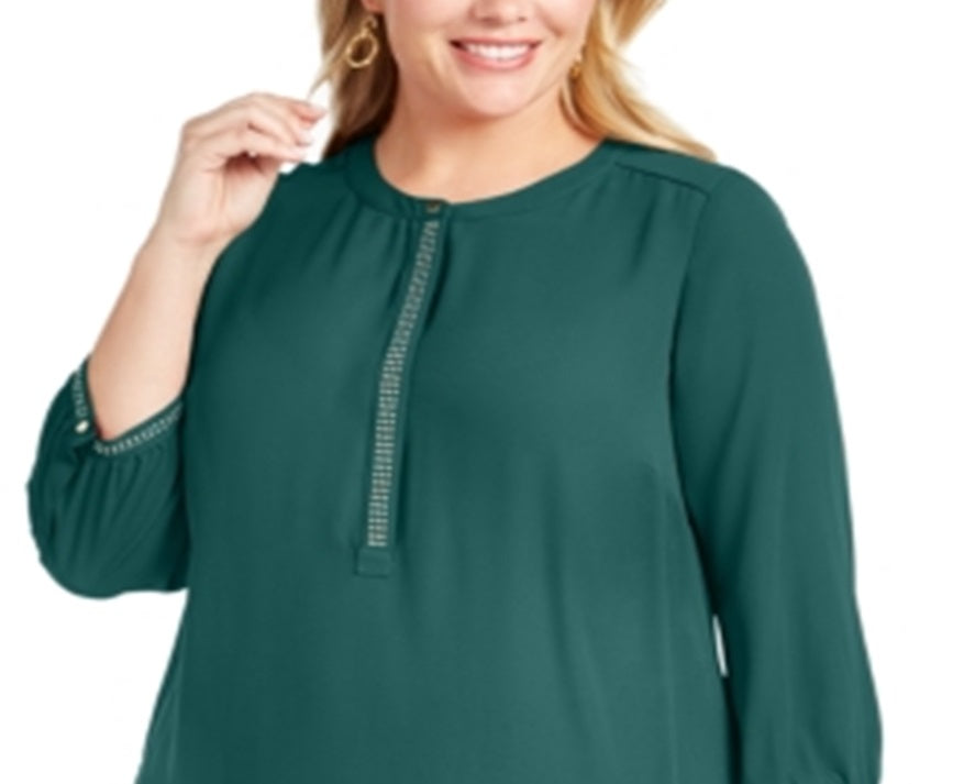 JM Collection Women's Plus Embellished Pleated Back Blouse Green Size 4X
