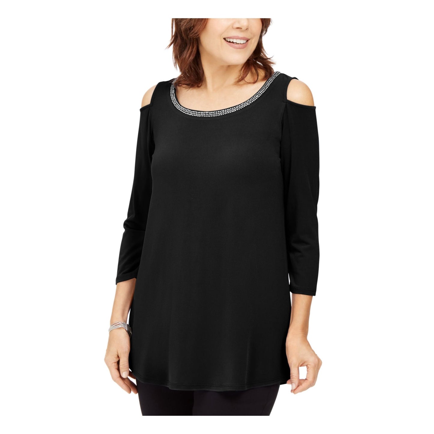 JM Collection Women's Embellished 3/4 Sleeve Top Black Size L