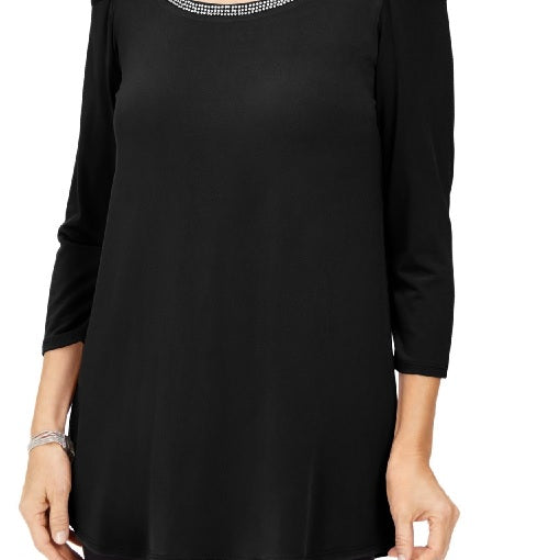 JM Collection Women's Embellished 3/4 Sleeve Top Black Size L