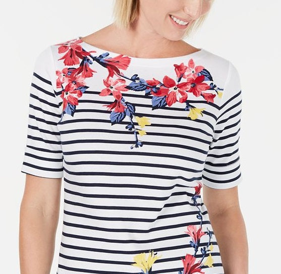 Karen Scott Women's Mixed Print Elbow Sleeve Top White Size Petite S/M