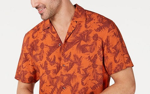 INC International Concepts Men's Nico Camp Button Down Mixed Media Shirt Orange Size XX-Large