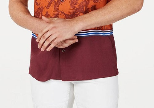 INC International Concepts Men's Nico Camp Button Down Mixed Media Shirt Orange Size XX-Large