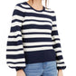 INC Women's Ribbed Striped Long Sleeve Jewel Neck Sweater Navy Size Medium