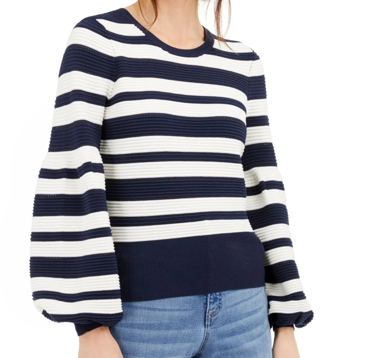 INC Women's Ribbed Striped Long Sleeve Jewel Neck Sweater Navy Size Medium
