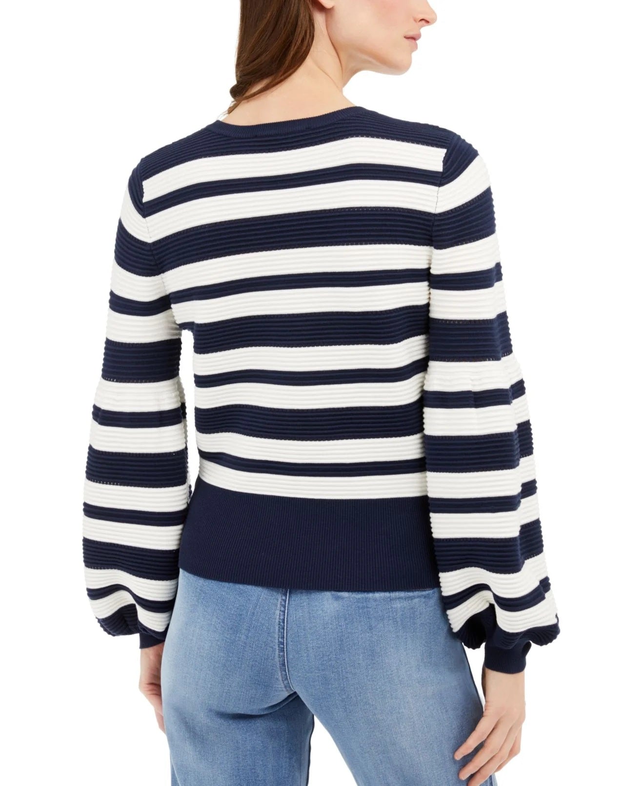 INC Women's Ribbed Striped Long Sleeve Jewel Neck Sweater Navy Size Medium