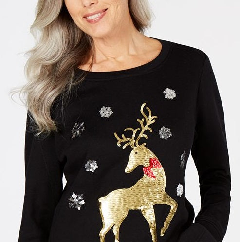 Karen Scott Women's Sequined Holiday Deer Sweatshirt Black Size Petite L