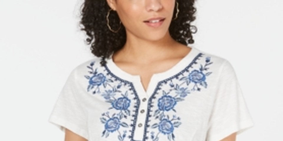 Style Company Women's White Floral Short Sleeve with Buttons Top Size M