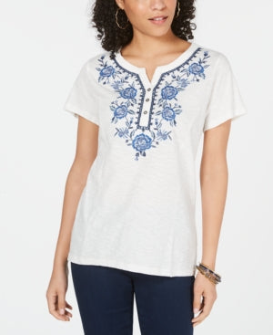 Style Company Women's White Floral Short Sleeve with Buttons Top Size M