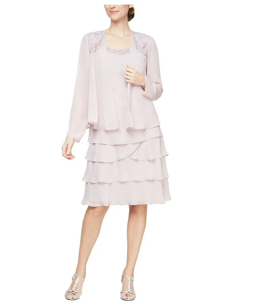 SL Fashions Women's 2 Pc Open Front Jacket & Tiered Fit & Flare Dress Champagne Size 6