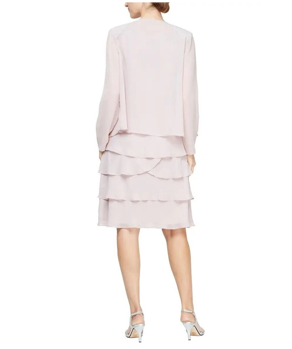 SL Fashions Women's 2 Pc Open Front Jacket & Tiered Fit & Flare Dress Champagne Size 6