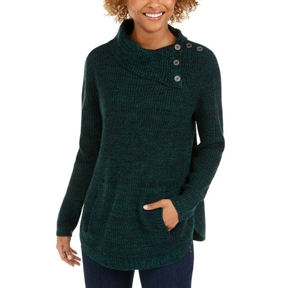 Style & Co Women's Envelope Collar Kangaroo Pocket Sweater Green Size -PP