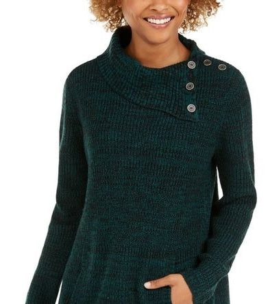 Style & Co Women's Envelope Collar Kangaroo Pocket Sweater Green Size -PP
