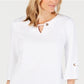 JM Collection Women's Textured Grommet Trim Keyhole Top  White Size X-Small