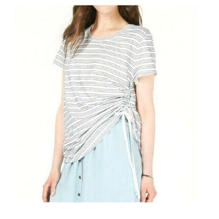 Style & Co Women's Striped Side-Ruched Top  Ticking Stripe Blue Brown Size Small