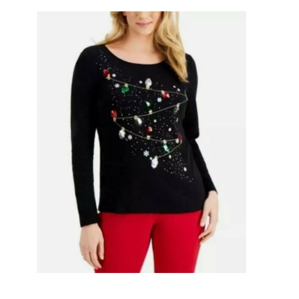 Karen Scott Women's Embellished Cotton Top  Deep Black  Size S