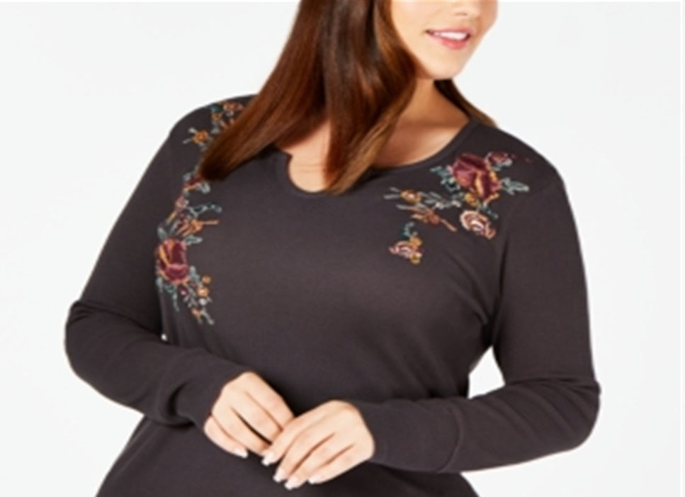 Style & Co Women's Plus Embroidered Thermal Top Grey Size 0X