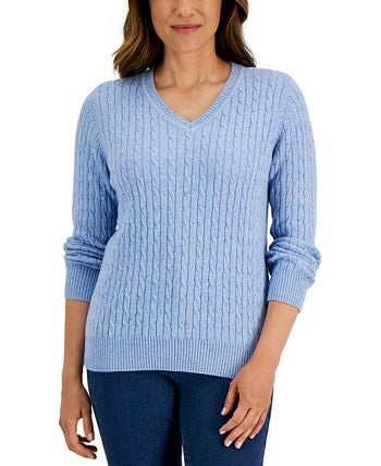 Karen Scott Women's Solid Cable Knit V Neck Sweater Blue Size M
