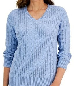 Karen Scott Women's Solid Cable Knit V Neck Sweater Blue Size M